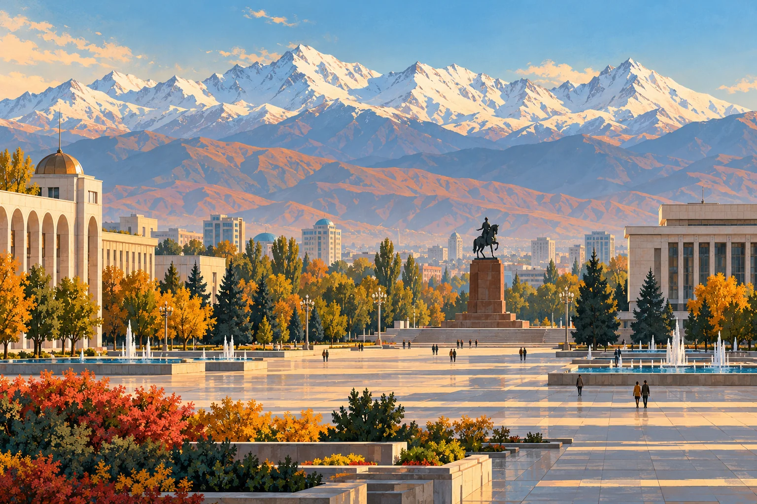 Original illustration inspired by Bishkek: a city square, autumn trees and snow-capped mountains